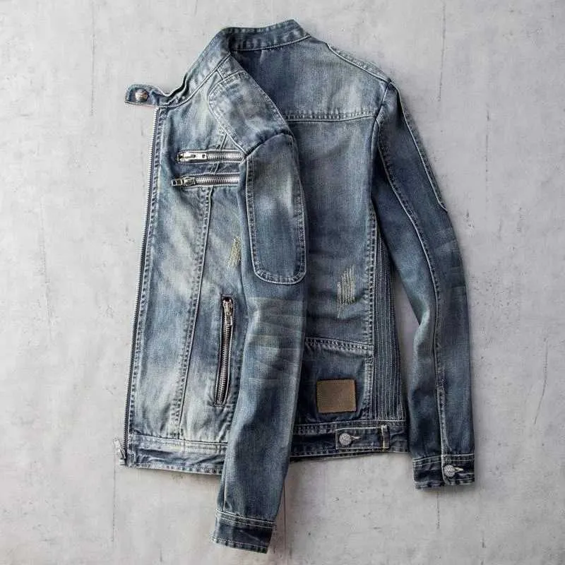 Retro Denim Jacket Mens Lightweight Stand Up Collar Jacket Mens