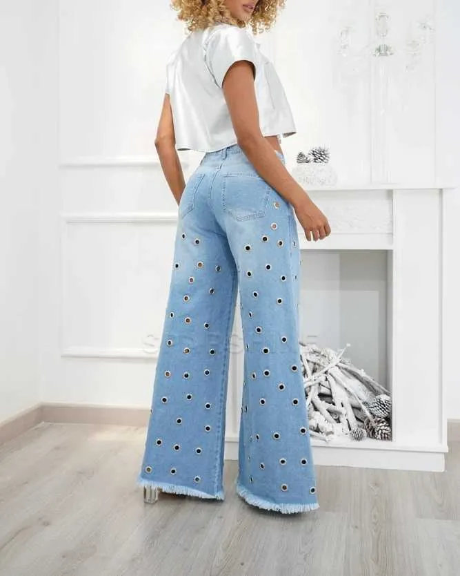 Palazzo Pants with Eyelets | 2024 Y2K Blue Stretch Jeans for Women