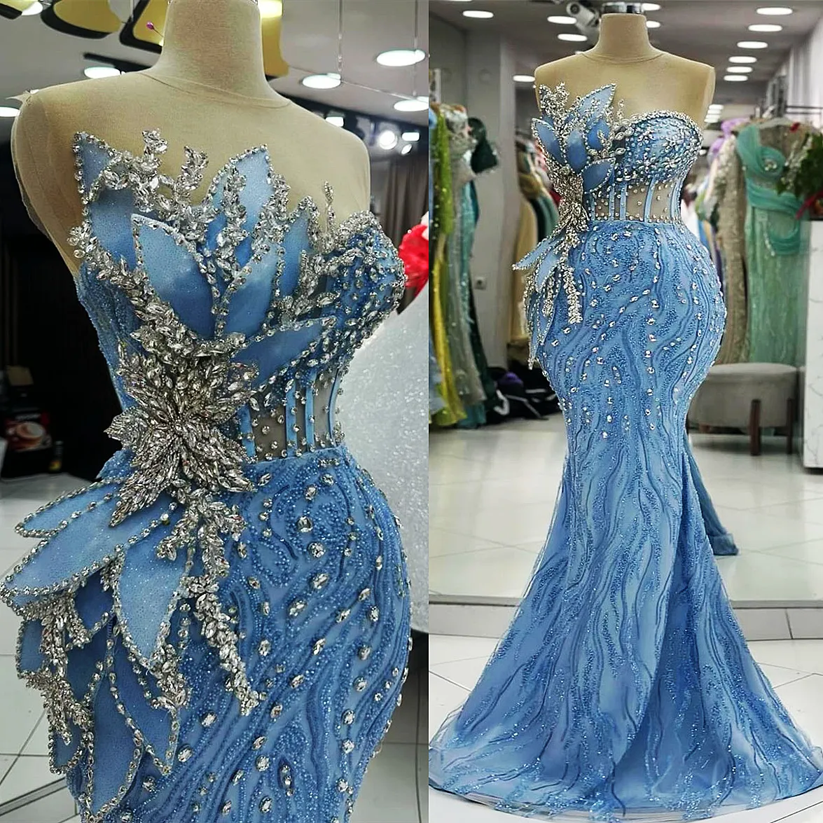 Sky Blue Mermaid Prom Dress with Rhinestones Florals Sheer Neck Lace-up  Back Evening Gown