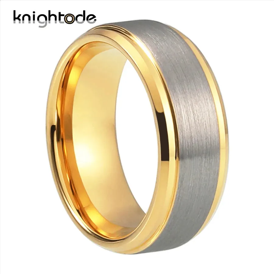 6mm 8mm Gold Tungsten Carbide Wedding Ring Couple Ring Step Beveled Edge Silver Brushed Finish ...