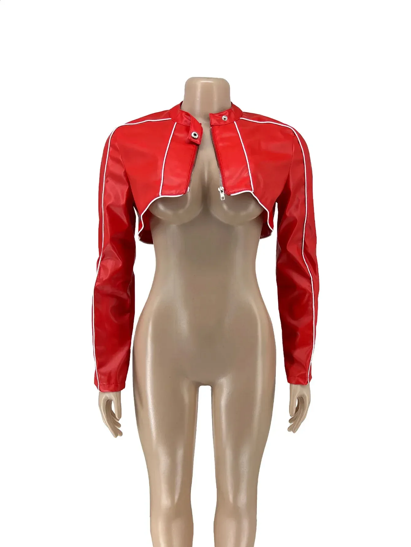 Womens Black PU Leather Crop Jacket with Zipper - Short