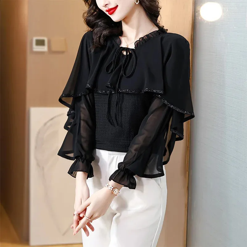 Women's Vintage Lace-Up Chiffon Blouse Elegant Loose Spliced Ruffled Top