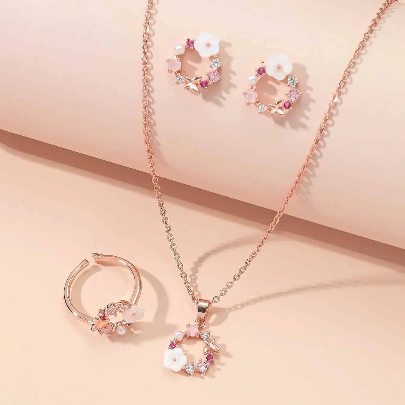 Rose Gold Cubic Zirconia Jewelry Set: Flower Necklace, Ring