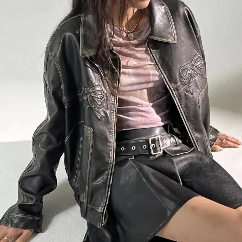 Y2K Motorcycle Jacket Womens PU Leather Oversized Streetwear Retro