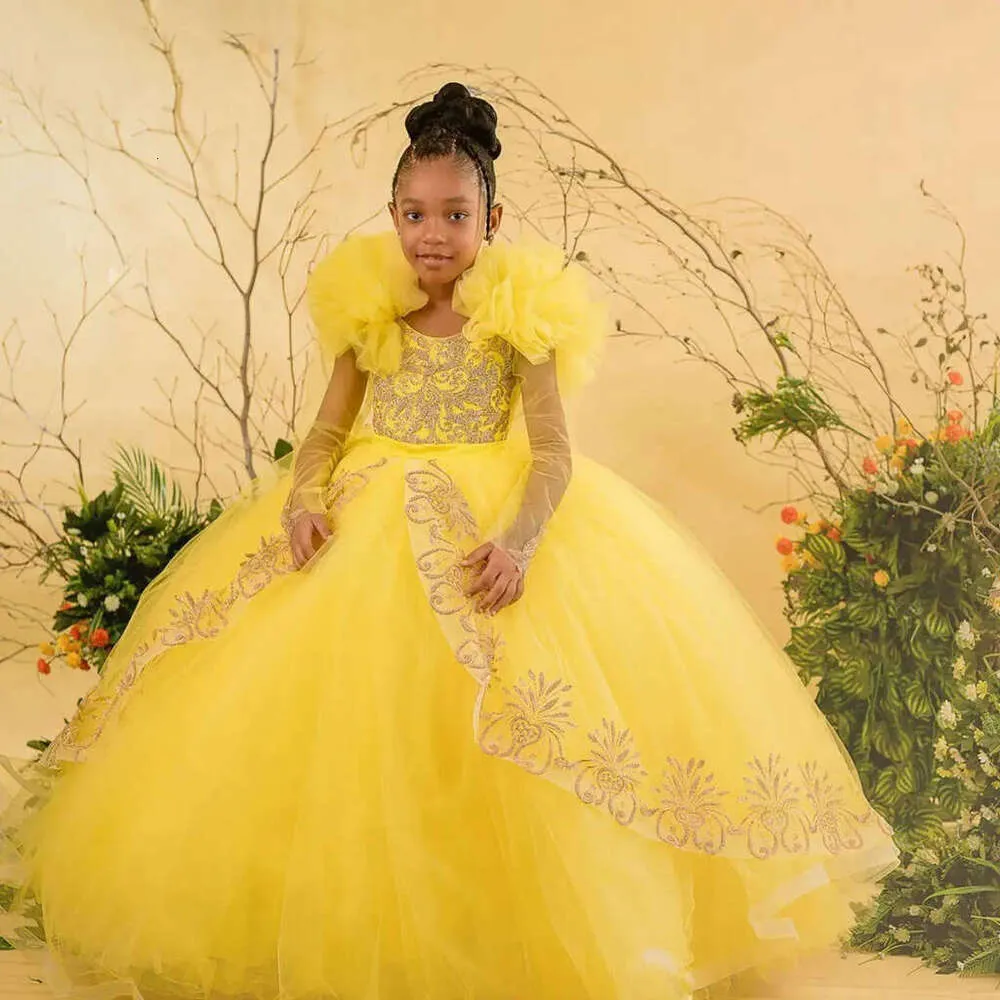 Yellow Princess Gown for Girls Birthday Party Dress, Long Cap Sleeves,  Tiered Tulle Lace, Perfect for African American Little Girls