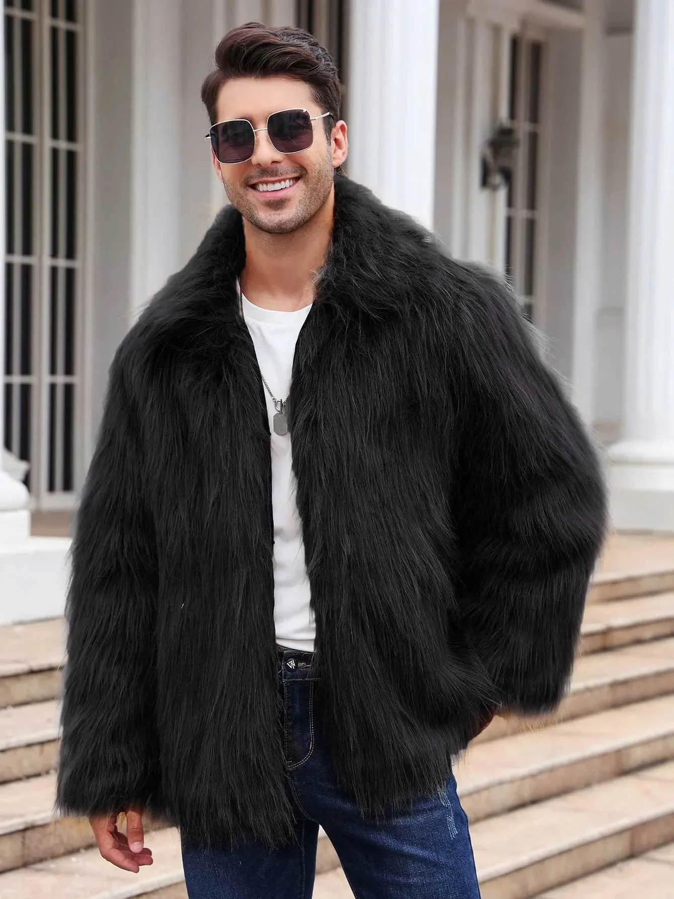 Men's Long Faux Fur Coat Fluffy Fur Collar Outerwear Thicken