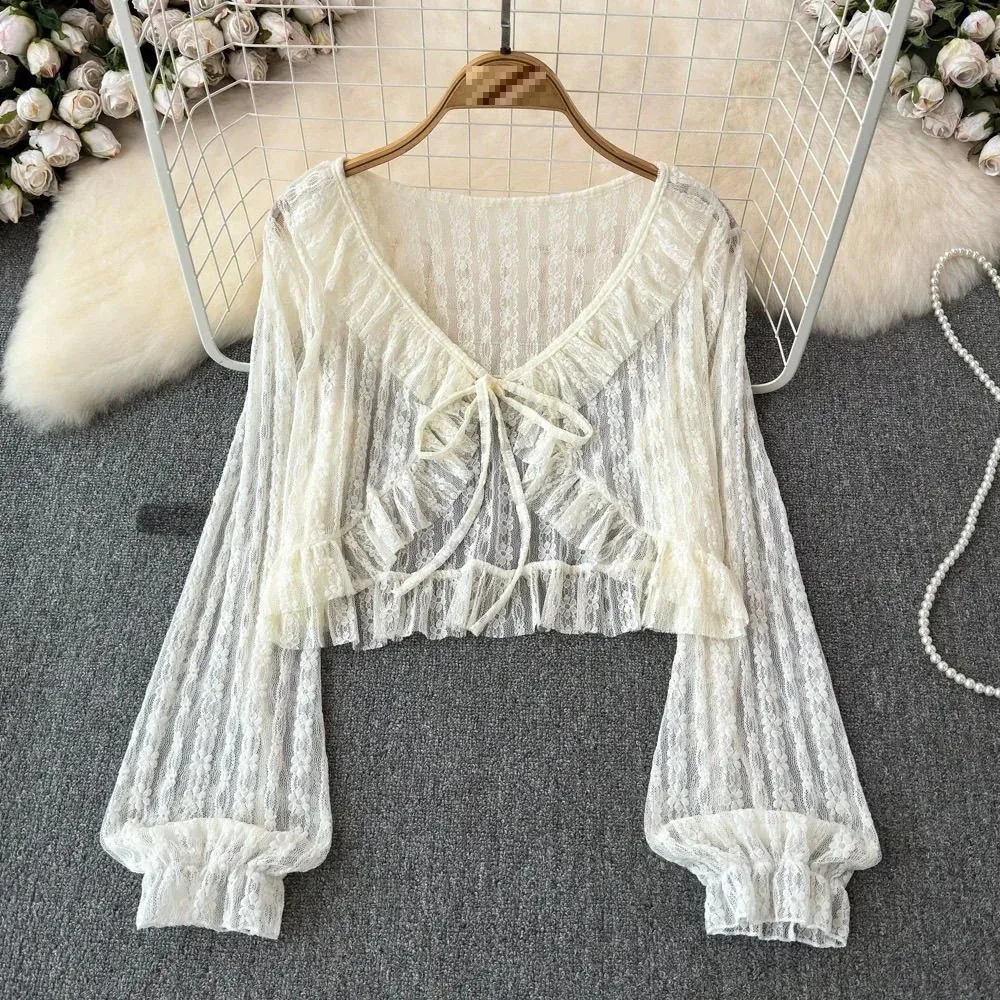 Apricot Women's Acrylic V-neck Long Sleeve Cropped Cardigan with