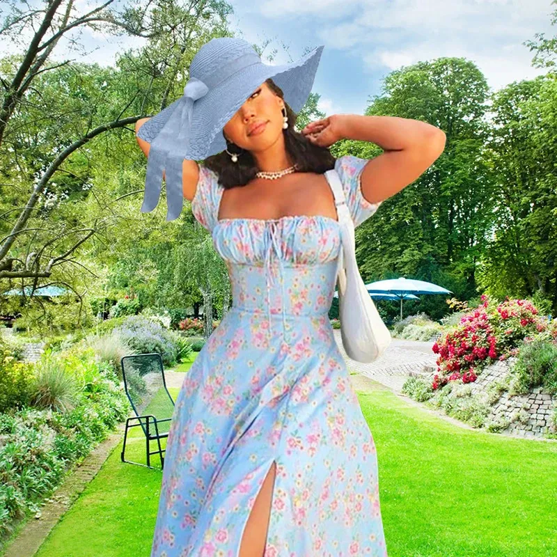 Floral slim fit strapless camisole dress with slit high-waist vintage style  for spring