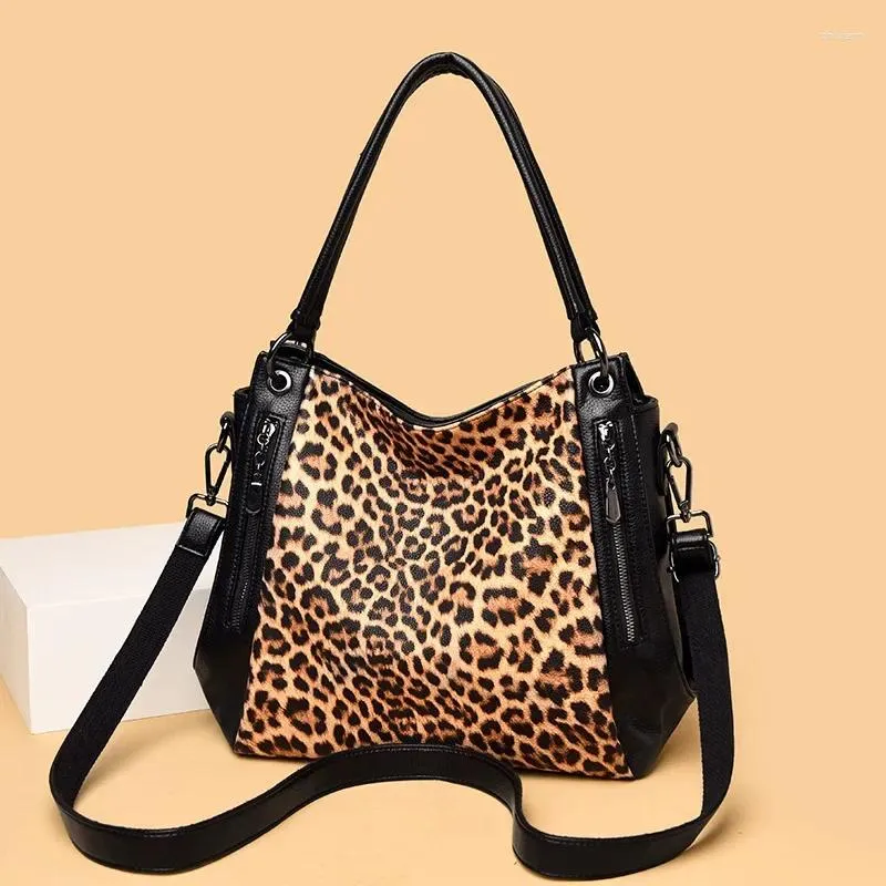 Leopard Print Leather Handbag For Women Drawstring Crossbody
