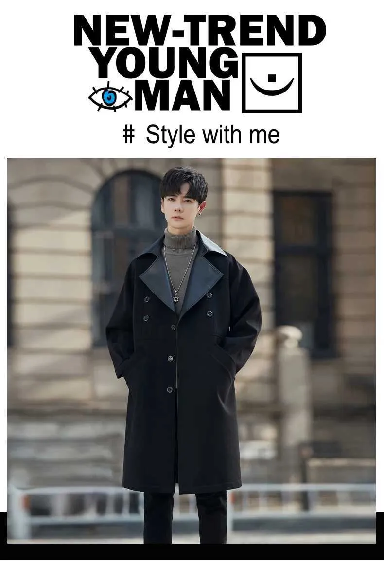 Mens Spliced Work Collar Trench Coat - Windproof, Mid-Length