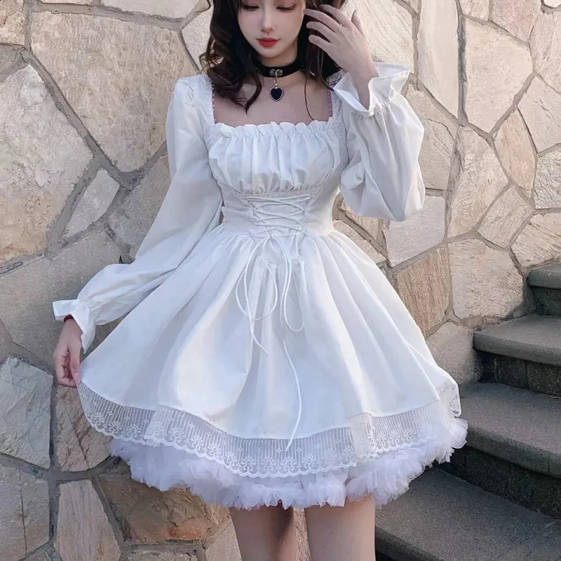 chinese dress ladies Youthful Innocence Bow with Lace & Ruffles White Dress