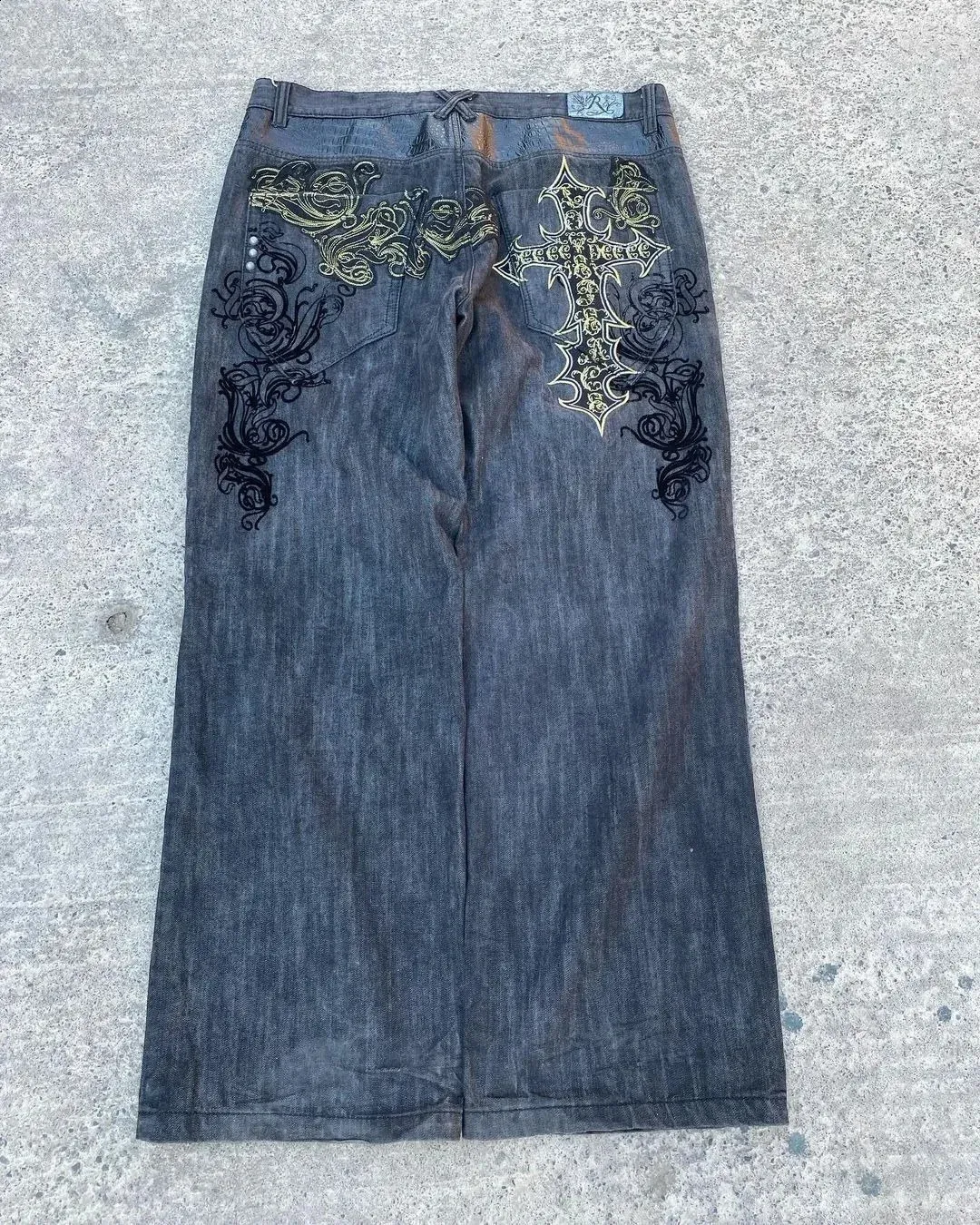 Goth Mens Pants Geometric Cross High Waisted Jeans Retro Dark Rock