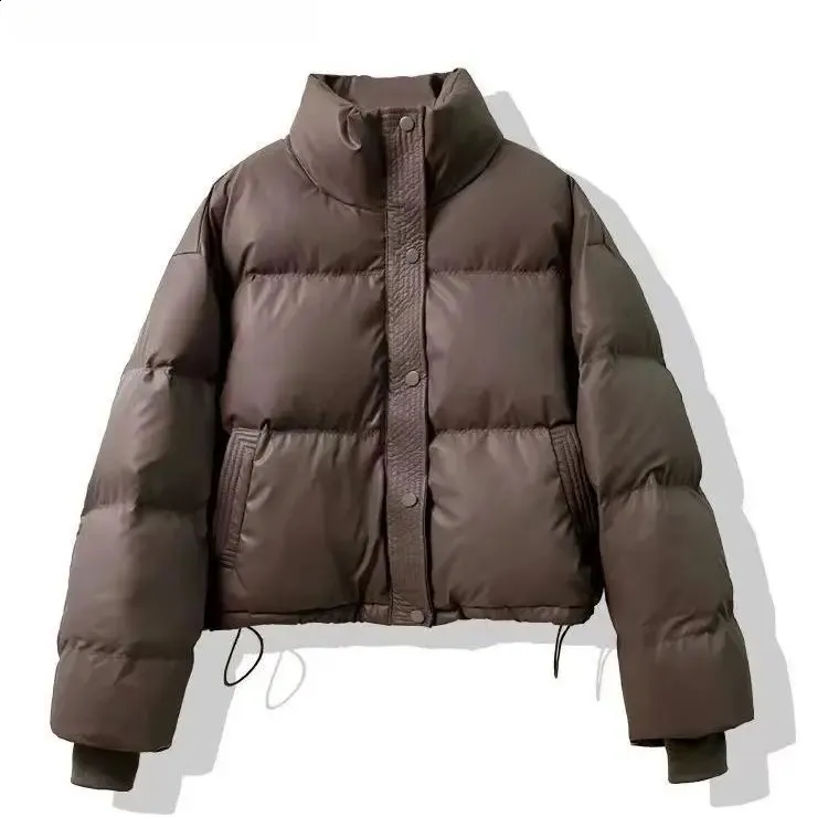 HU01 Winter Warm Short Parka Fashion PU Leather Crop Puffer Jacket Female Loose Streetwear Zipper Long Sleeve Down Coats XK82 240927