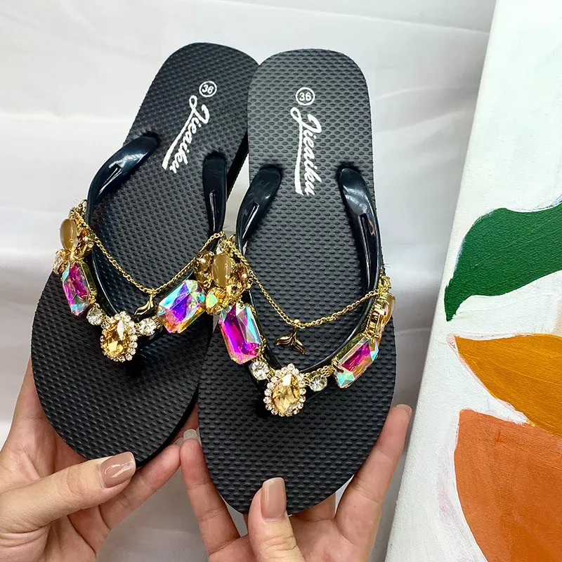 DHgate Sandalias De Tacón Plano De Cristal Para Mujer: Tobogan Casual De Playa De Verano Con Cómodos Zapatos Para Caminar | Ligereza Cómoda