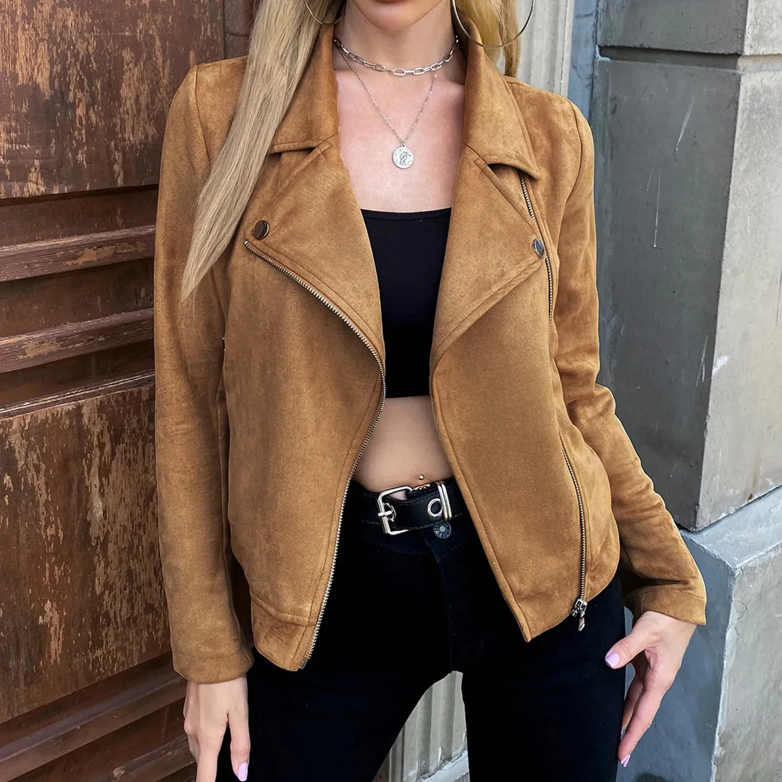 DHgate.com:Womens Retro Suede Motorcycle Jacket - Short