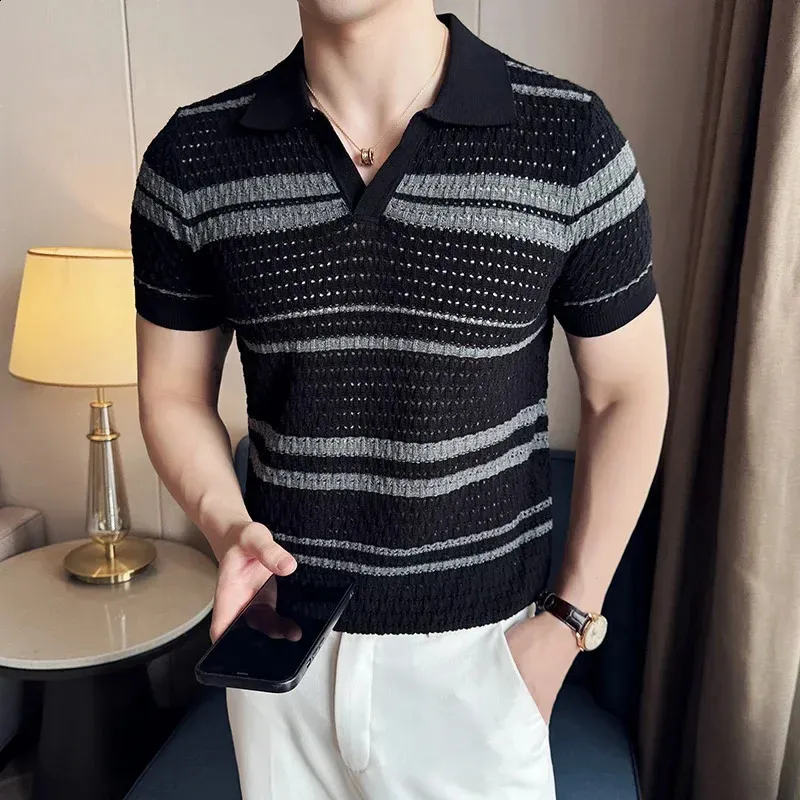 トップス STRIPED JACQUARD SUMMER KNIT POLO SHIRT DHgate.com:Mens Summer Striped Jacquard Polo Shirt - V-Neck
