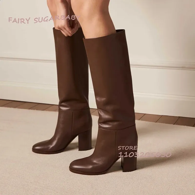 Dark Brown Leather Casual Boots for Women Square Short Chubby Heel Suede Black Pleated Loose Calf Boots Round Shoes 240926