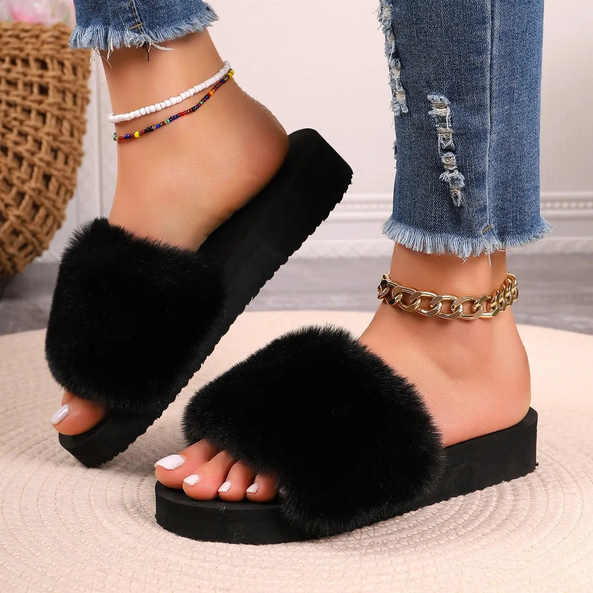 Womens Fluffy Faux Fur Plush Slippers Open Toe, Non-Slip Indoor