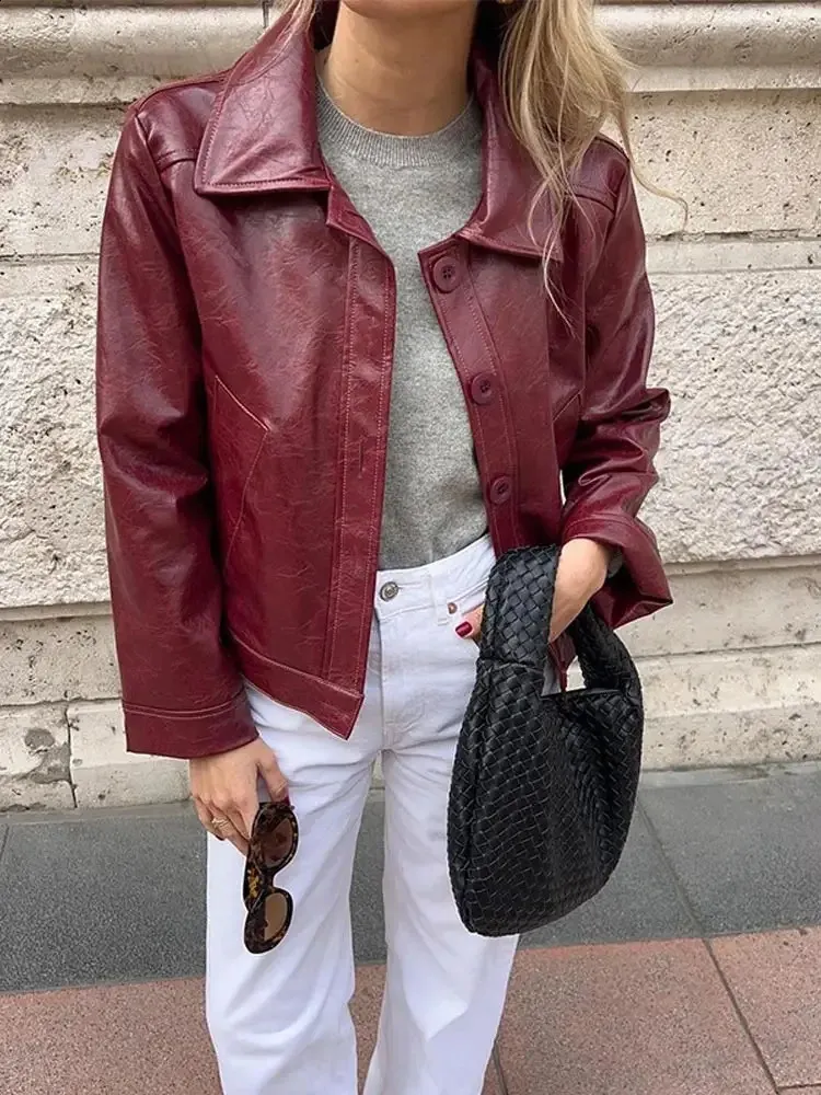 DHgate.com:Womens Vintage Wine Red PU Leather Jacket with