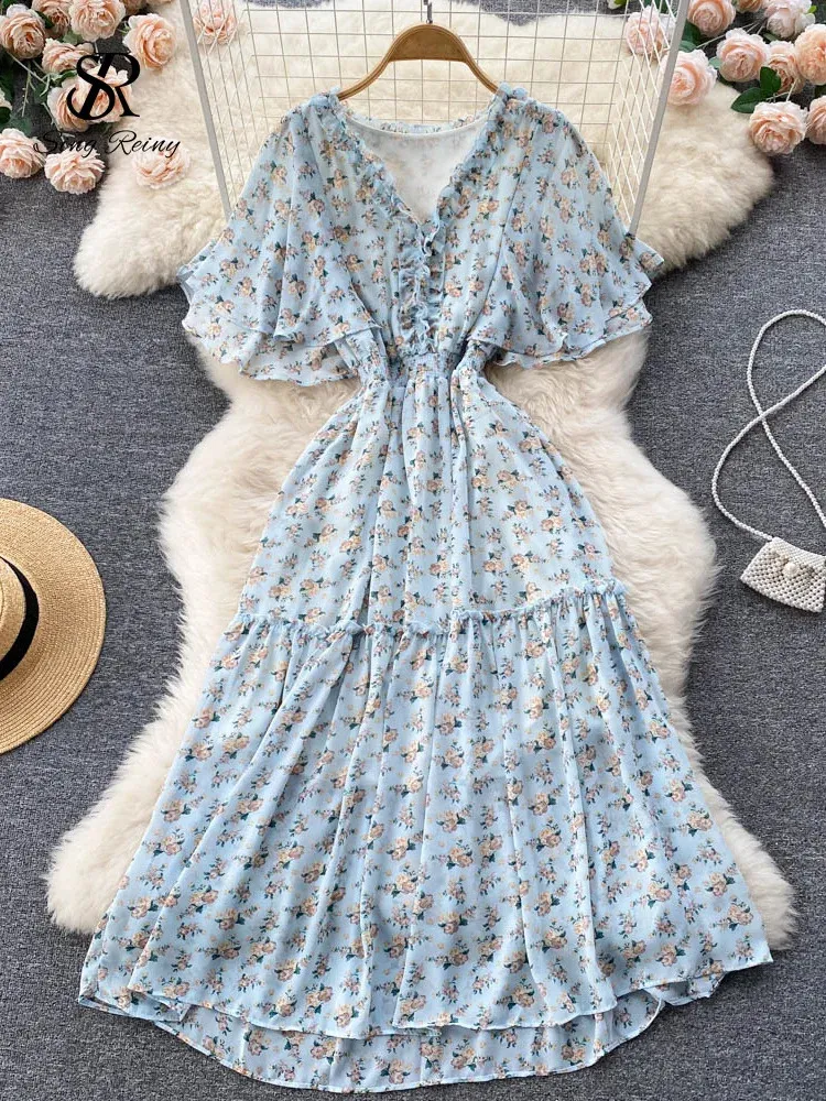 Womens Summer V-Neck Ruffled Maxi Dress - Elastic Waist, A Womens Summer V-Neck Ruffled Maxi Dress - Elastic Waist, A