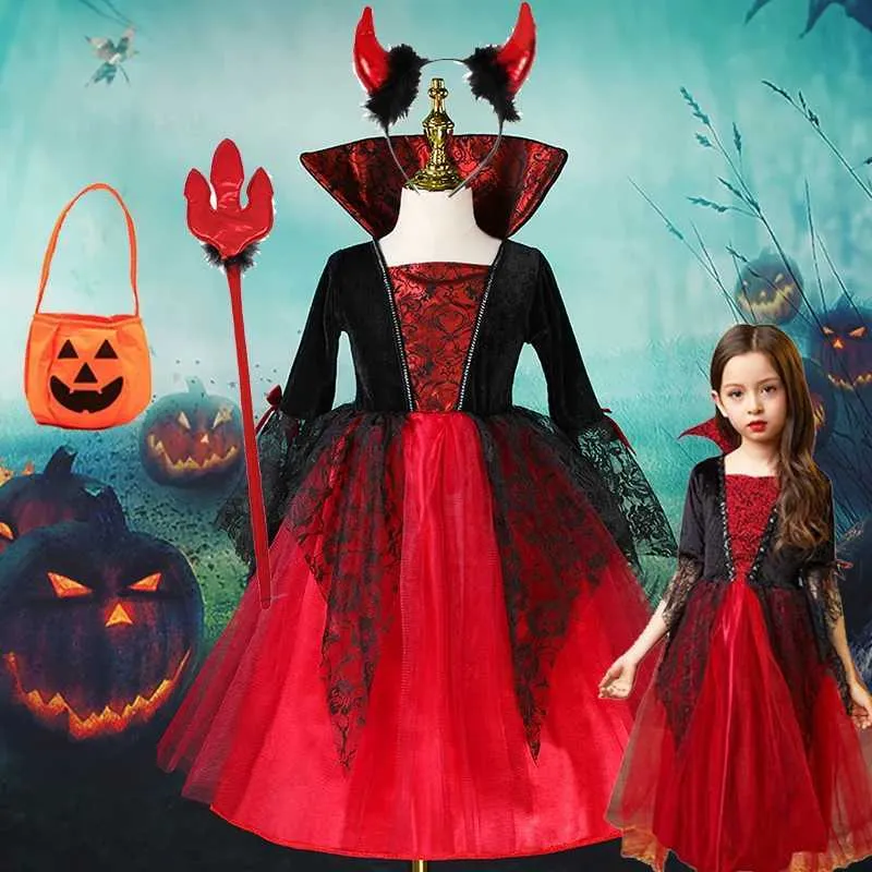 Kids Halloween Vampire Dress Costume with Tutu, Black Red, Fancy Dress  for Girls Cosplay Party