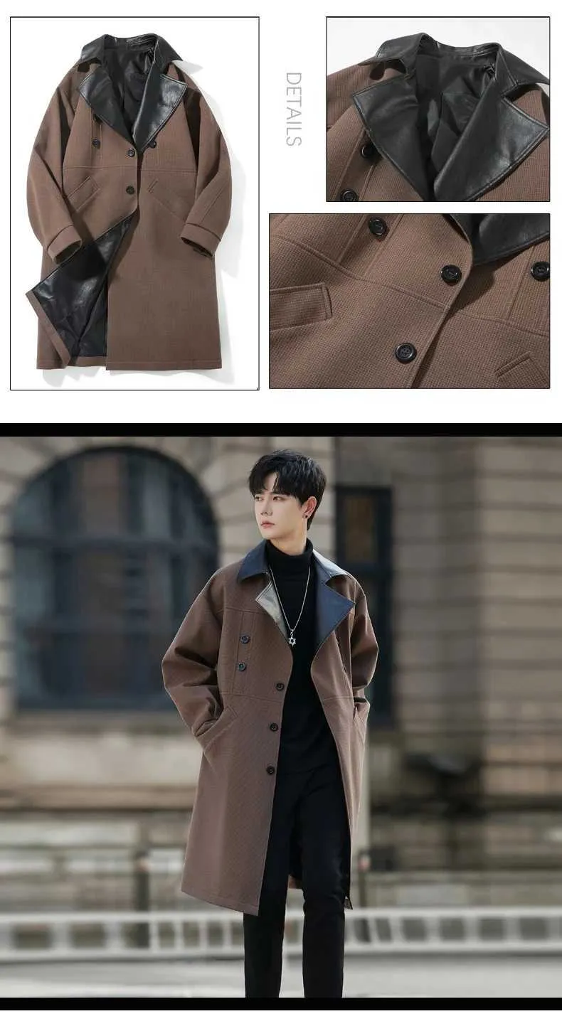 Mens Spliced Work Collar Trench Coat - Windproof, Mid-Length