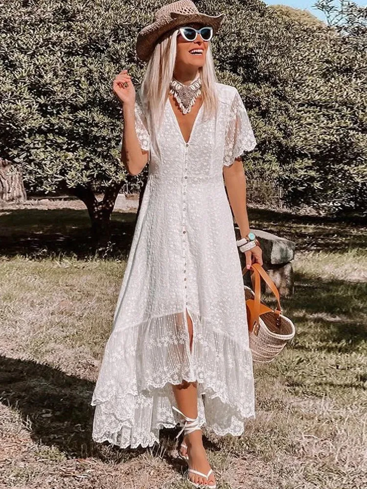 White Boho Maxi Dress For Women Elegant Floral Lace Summer