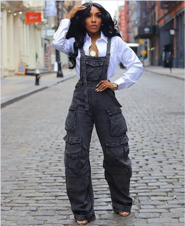 Womens Retro Denim Jumpsuit - Loose Fit, Wrapped Style