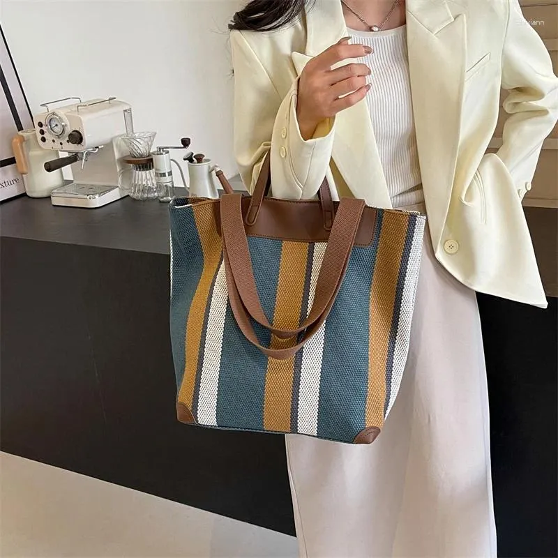 女性用のストライプキャンバスショルダーバケットバッグ ...を￥4,379 