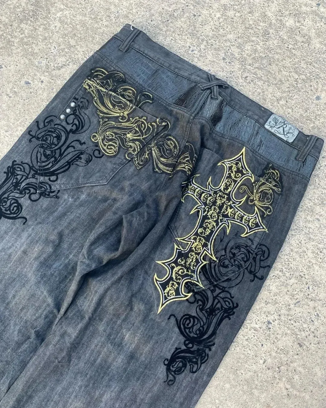 Goth Mens Pants Geometric Cross High Waisted Jeans Retro Dark Rock