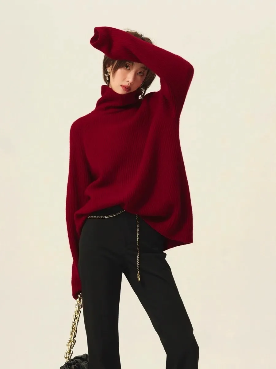 Turtleneck 100% Cashmere Loose Thickening Age Reduction Niche Vintage Red Crewneck Sweater Women Long Sleeves