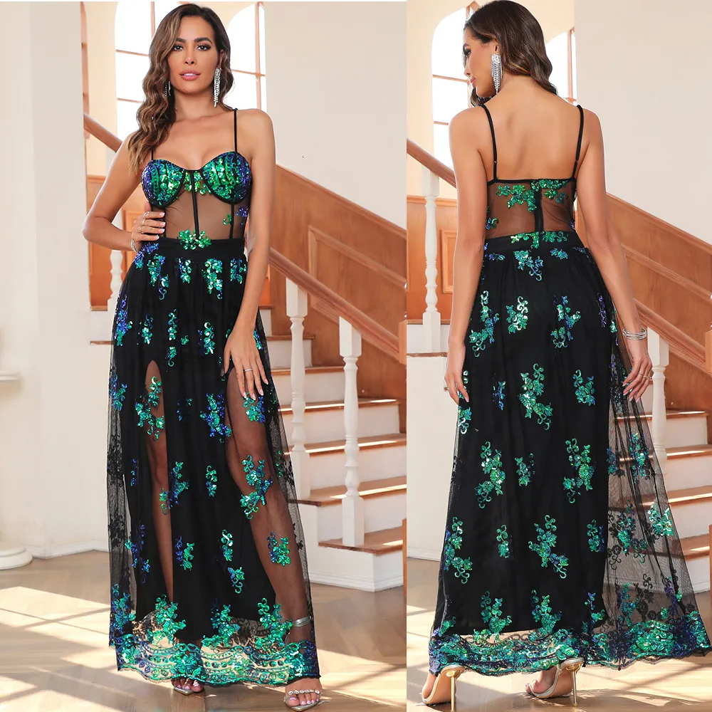 Europe & American Women's Long Sleeve Camisole green prom dress with Big Swing Sequins - Sexy Summer Clothing