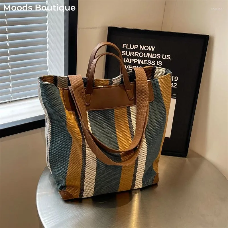 女性用のストライプキャンバスショルダーバケットバッグ ...を￥4,379 