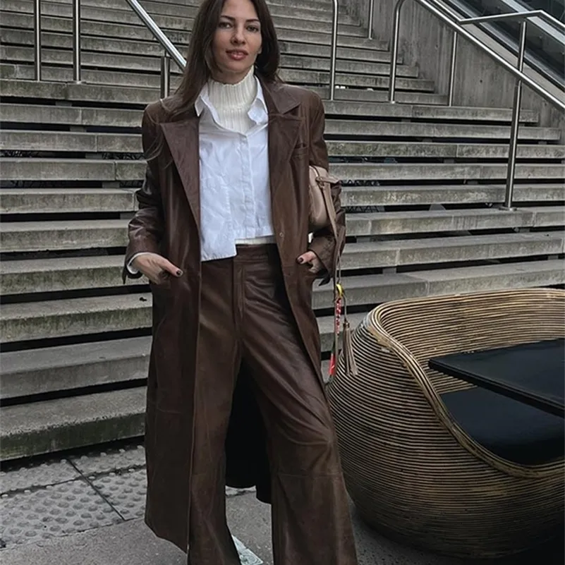Veste En Cuir Marron Rétro Manteau Long En Faux Cuir Pour Femmes