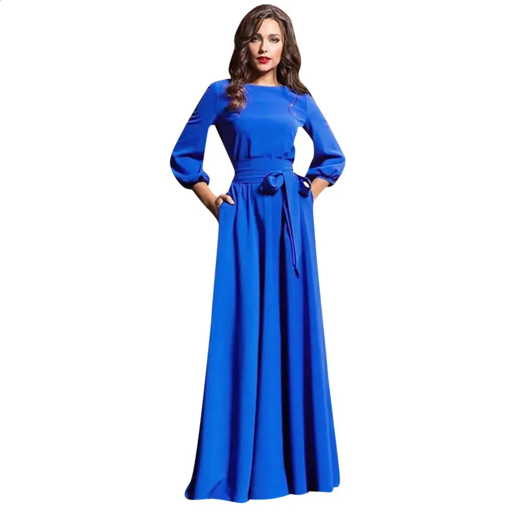 Vintage Lantern boat neck maxi dress for Women - Elegant Solid Color with Long Sleeves, Belt, and Retro Style - Perfect for Parties, Autumn/Winter