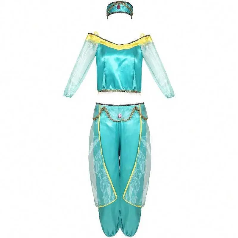 thumbnail image 2 of ORIDOOR Women's New Aladdin Jasmine Princess Belly Dance Halloween Costume Set Belly Dance For Dress Up Party 5 Piece Outfit Large, Malachite Blue 2 of 14