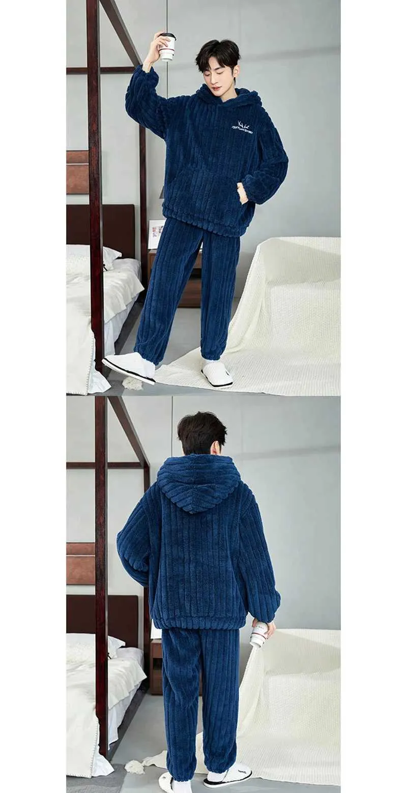 Men's Winter Pajamas Set Warm Sleepwear Hooded Home Suit