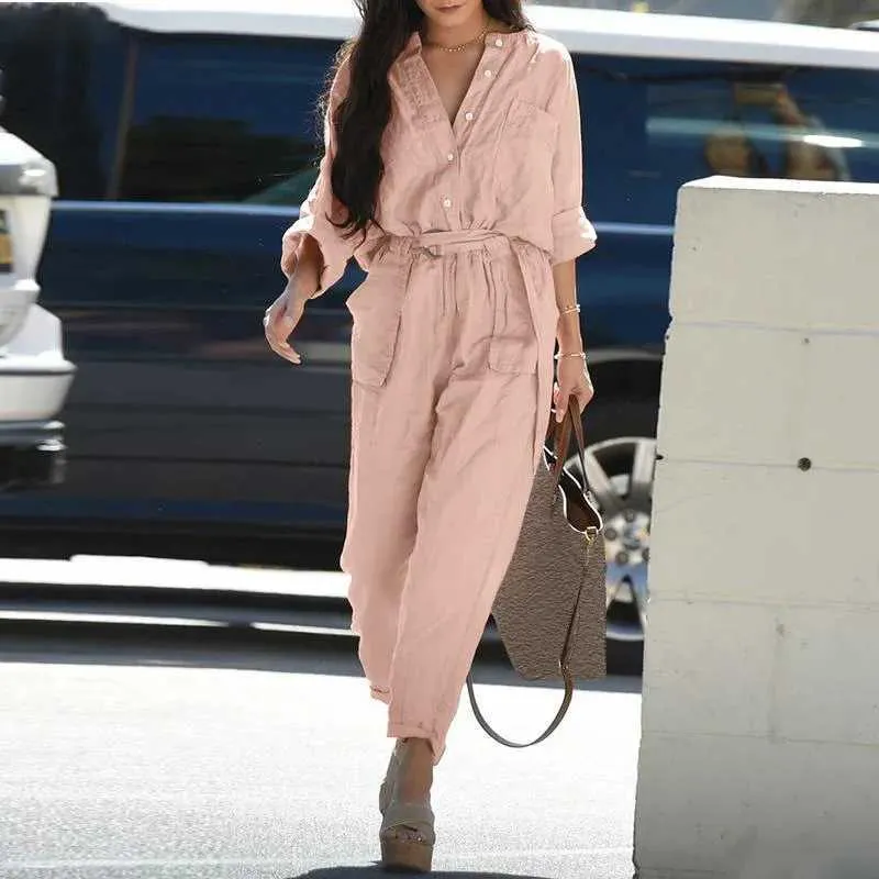 Save Big on Bulk Womens Long Sleeve Jumpsuits Jumpsuit Women Casual Long  Sleeve Solid Color One Piece With Pockets And Lace Up Detail Retro Style  For - Main Image