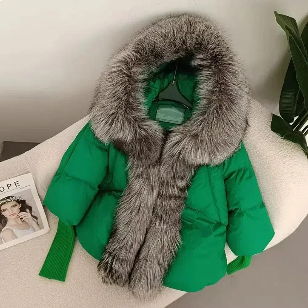 Down jacket womens real fox fur coat hooded sweater thick winter warm loose  natural raccoon duck down streetwear 240925