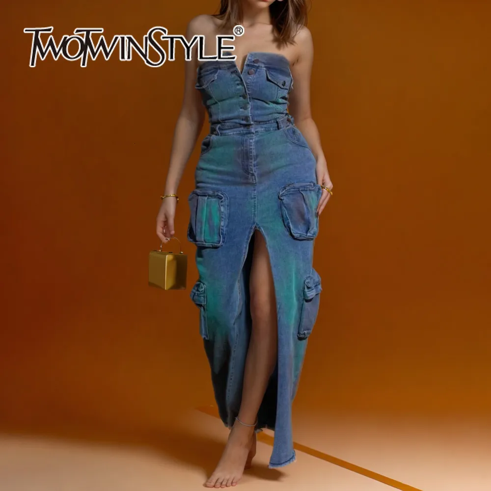 white christmas dresses Strapless Denim Tube Dress – Queen Bae main image 0