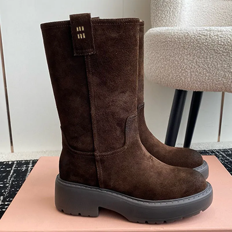 Women's Dark Brown Suede Mid Calf Boots with Leather Lining Embossed  Screen Print