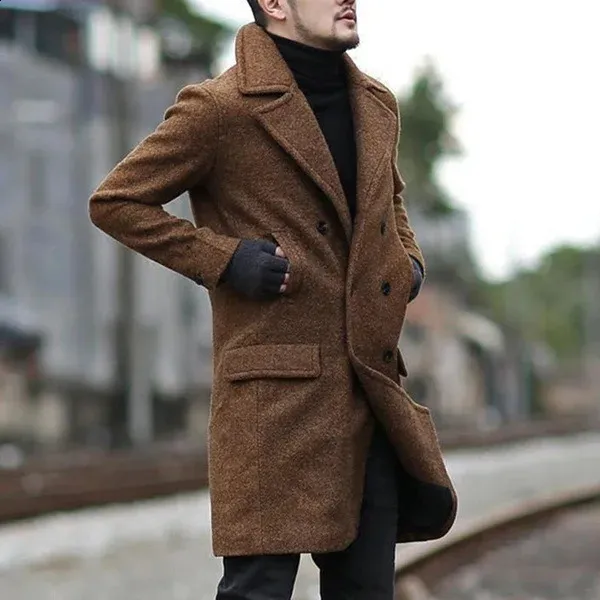 Manteau En Tweed Pour Homme, Trench-coat Long Pour Homme, Coupe Ajustée, Col à Revers Cranté Pour L'automne Et L'hiver, Coupe Ajustée, Simple Boutonnage, Manteau Mi-long D'hiver Pour Homme, Noir , L