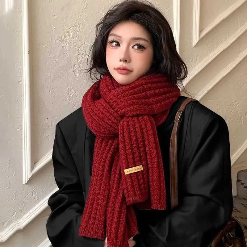 Solid color knitting wool scarf for women in autumn and winter Korean ...