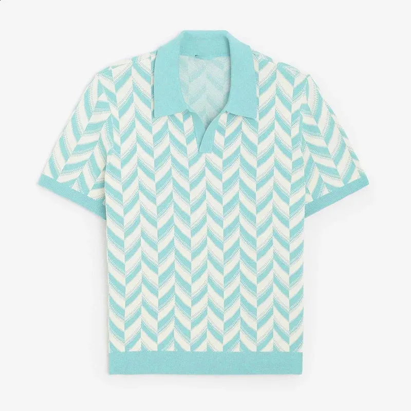トップス STRIPED JACQUARD SUMMER KNIT POLO SHIRT Men's Summer Jacquard Knitted Polo Shirts Stylish V-neck