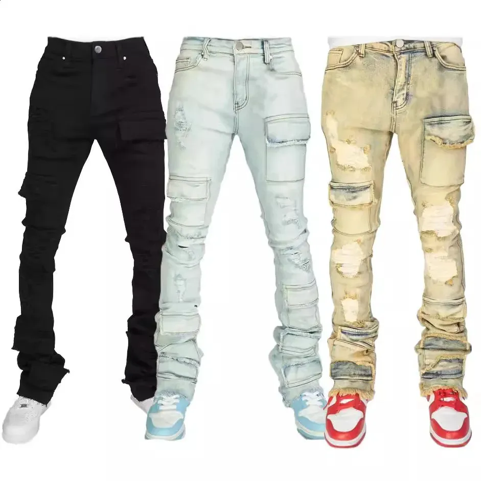 Pantalon Cargo Jean Homme Street Elastic – Multi Poches, Slim, Bleu/Noir – Taille S à 3XL