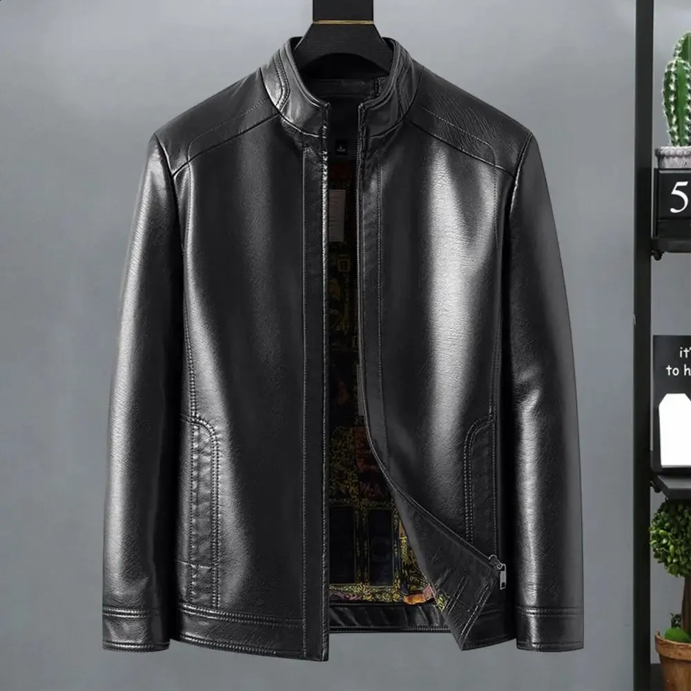 Mens Faux Leather Jacket with Stand Collar & Zipper