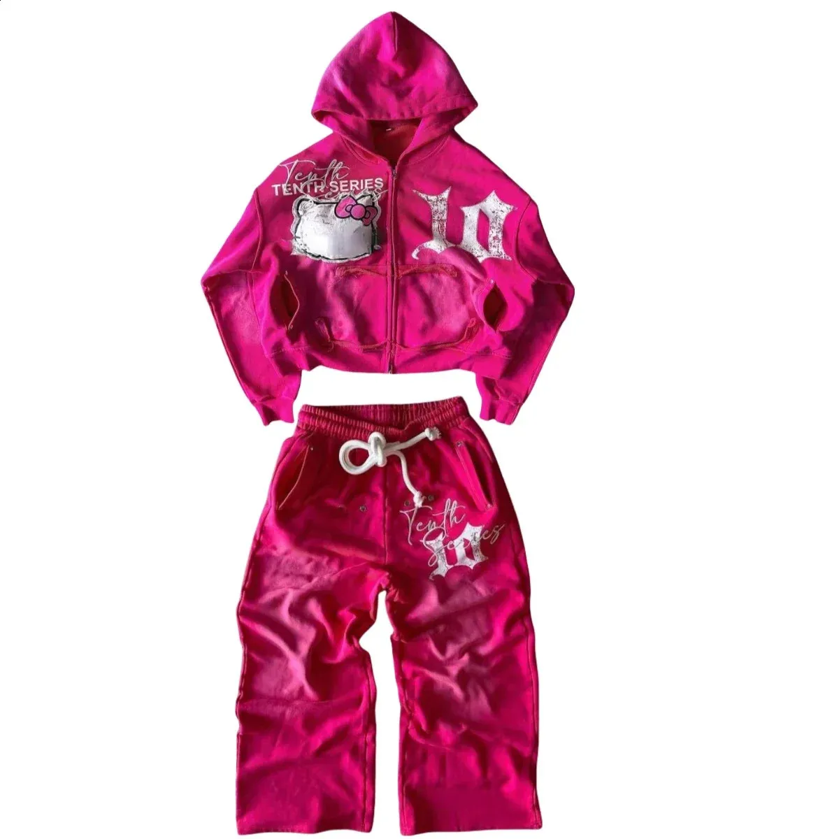Pink Y2K Gothic Cartoon Embroidery Letter Loose Hoodie Jogger Set for  Women
