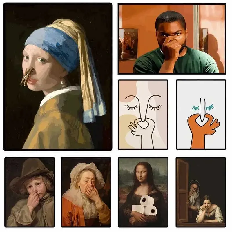 Quadro Decorativo "Mona Lisa Che Si Pizzica Il Naso" - Stampa Su Legno 30x40 Cm, Umorismo Per Bagno O Casa