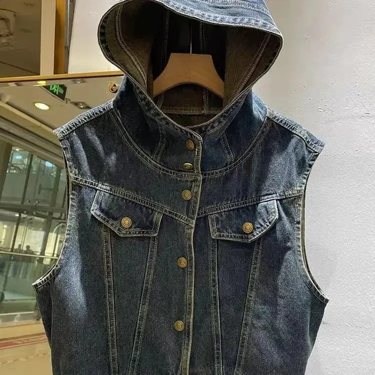 Veste En Jean Sans Manche Homme Gilet Jeans Homme YOUTHUP à Capuche Amovible - Style Vintage Déchiré Biker Deux Usages Gilet Décontracté Homme