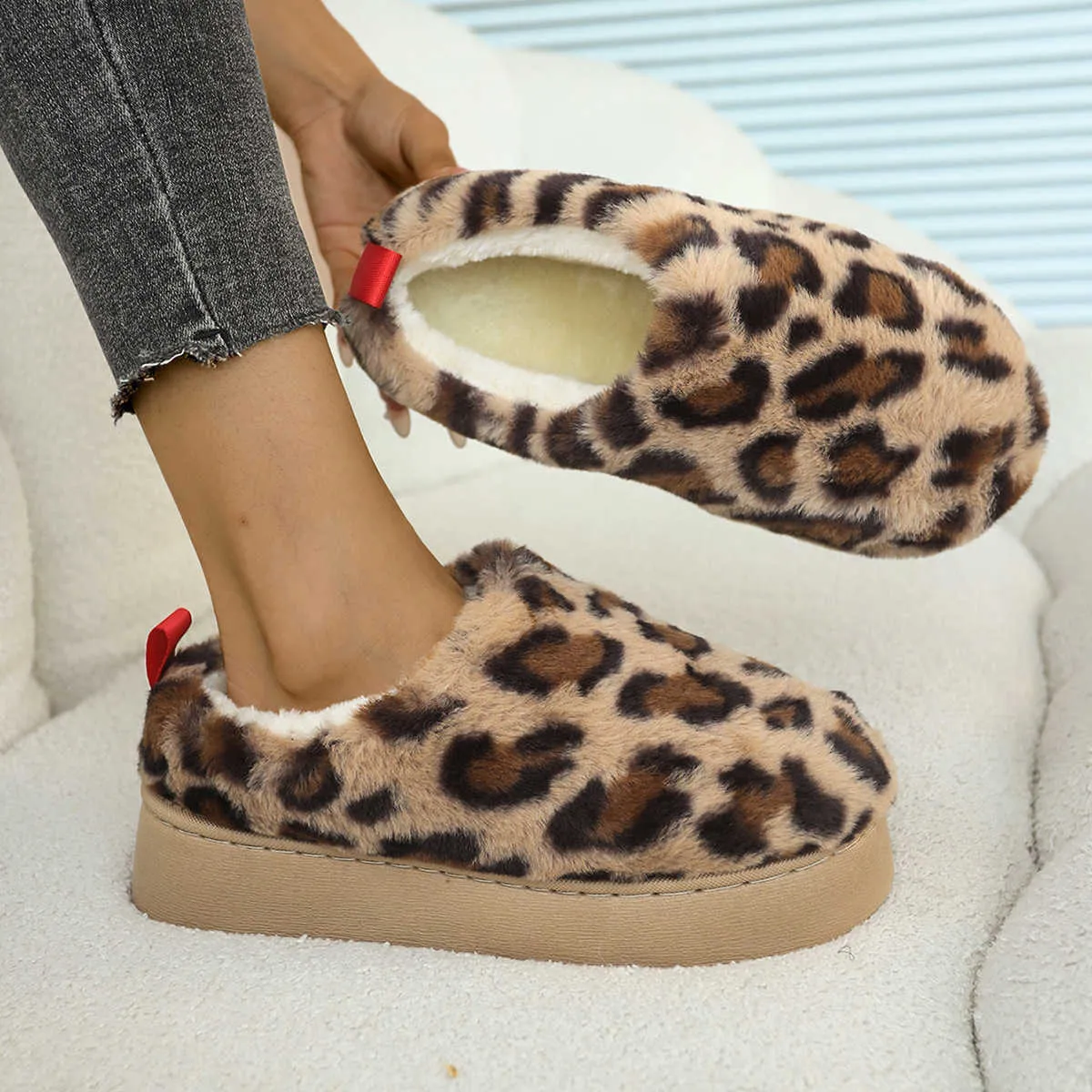 Womens Leopard Print Thick Sole Snow Boots with Fur Velvet
